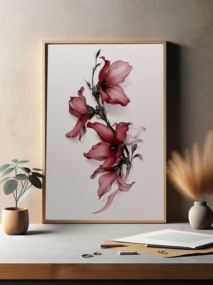 Crimson Floral Ink Poster. — room view 2