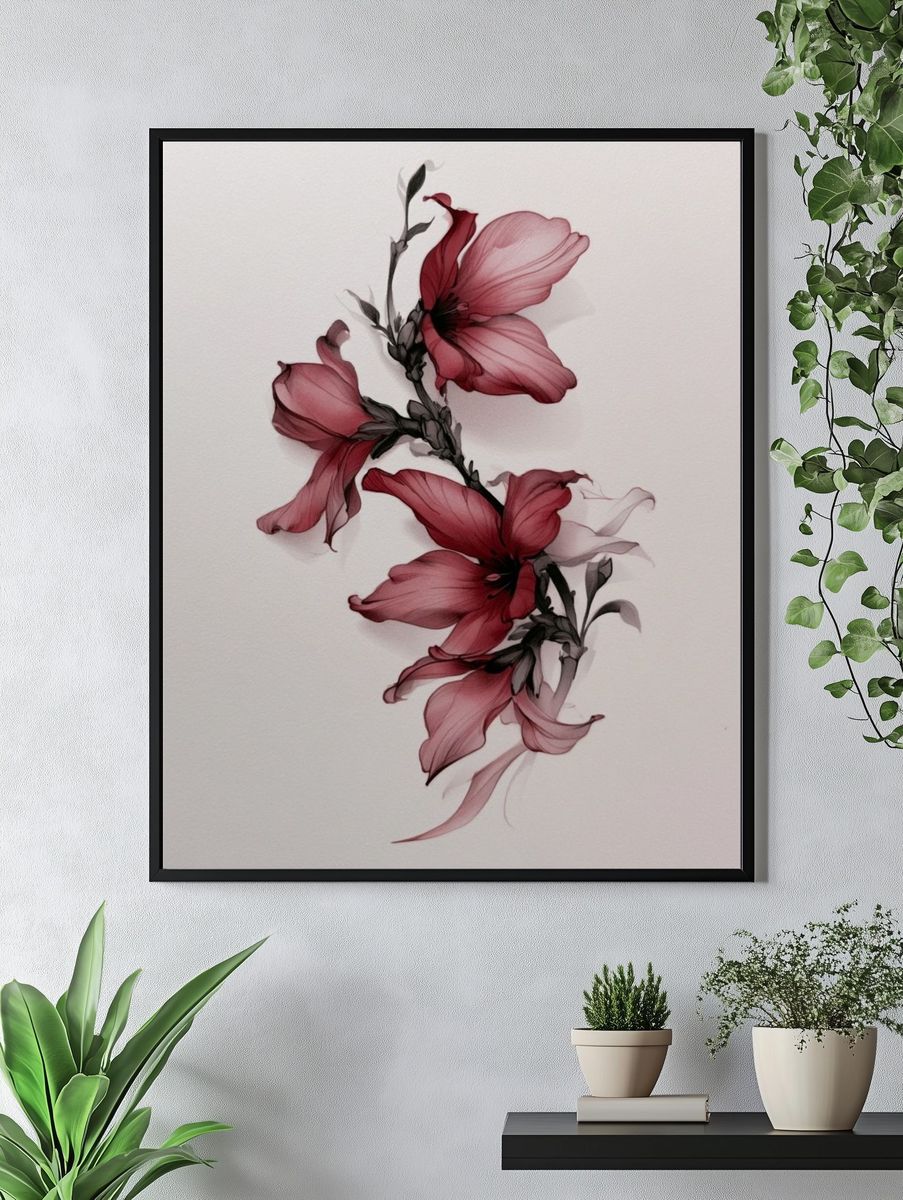 Crimson Floral Ink Poster. — room view 4