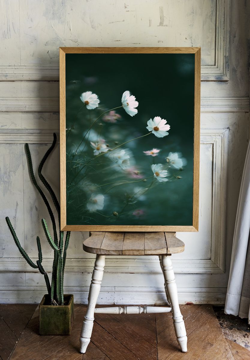 Cosmos Flowers in Misty Green Poster. room preview