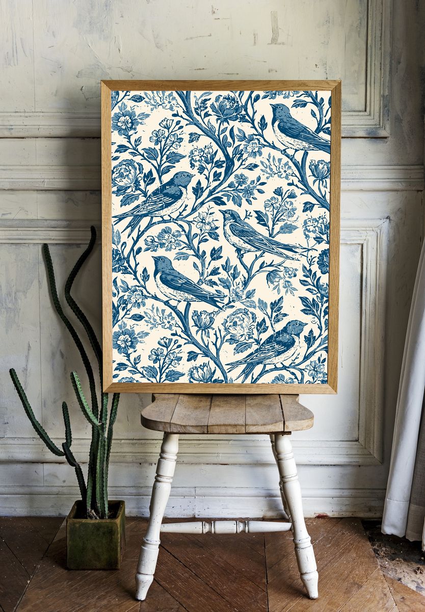 Bluebird Floral Pattern Poster. room preview