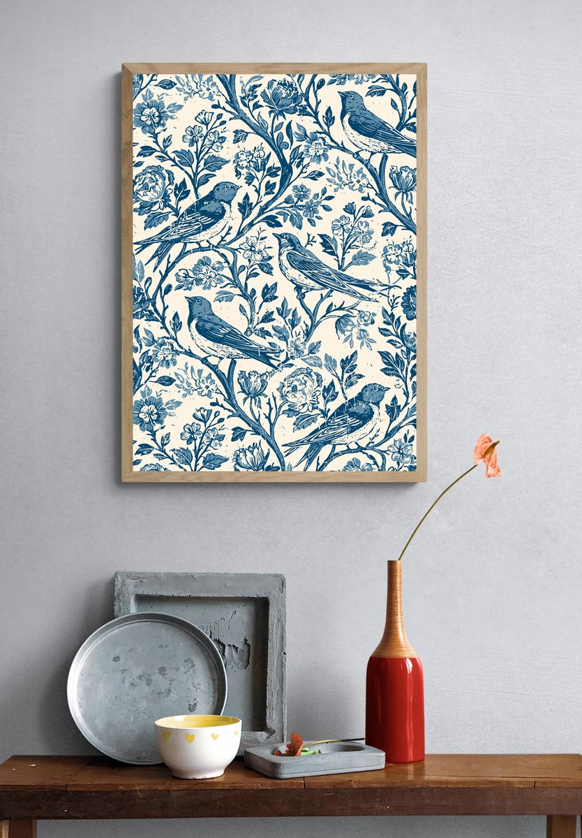 Bluebird Floral Pattern Poster. — room view 3