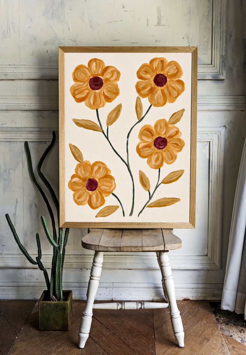 Golden Floral Botanical Print. room preview