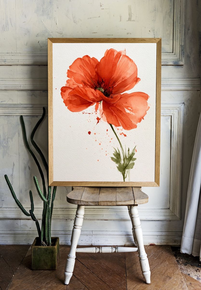 Red Poppy Watercolor Print. room preview