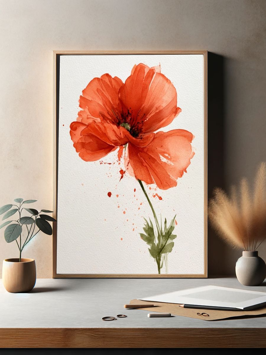 Red Poppy Watercolor Print. — room view 2