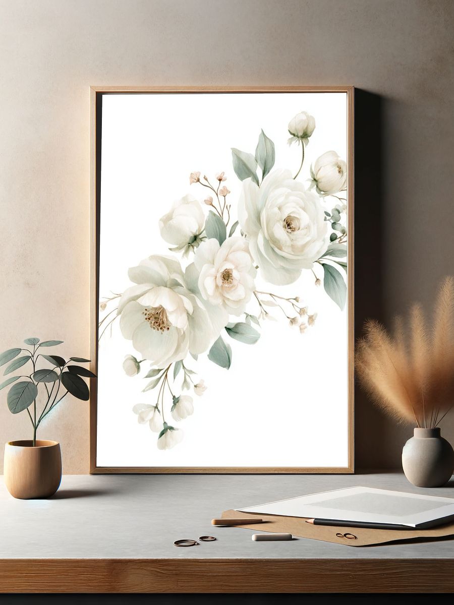 White Floral Watercolor Poster. — room view 2
