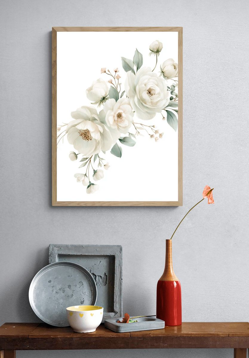 White Floral Watercolor Poster. — room view 3