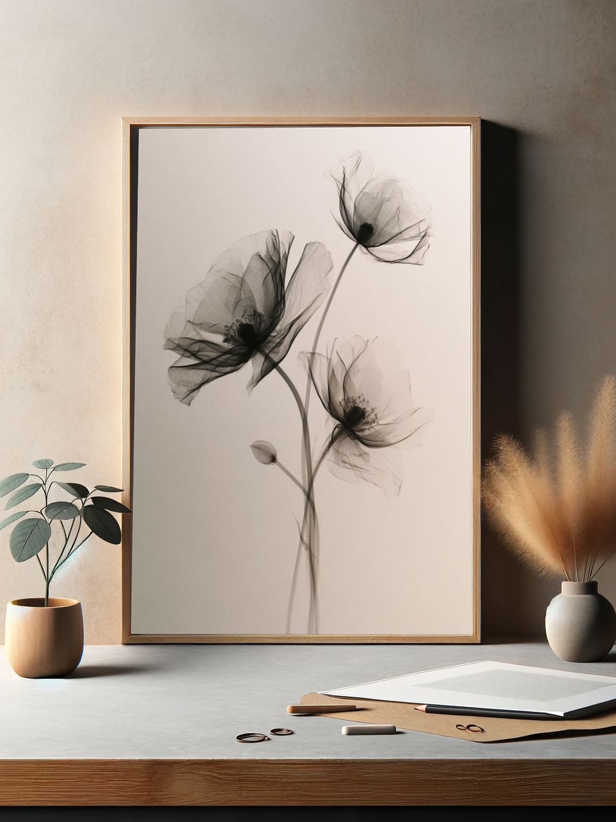 Delicate Black Poppy Botanical Print. — room view 2