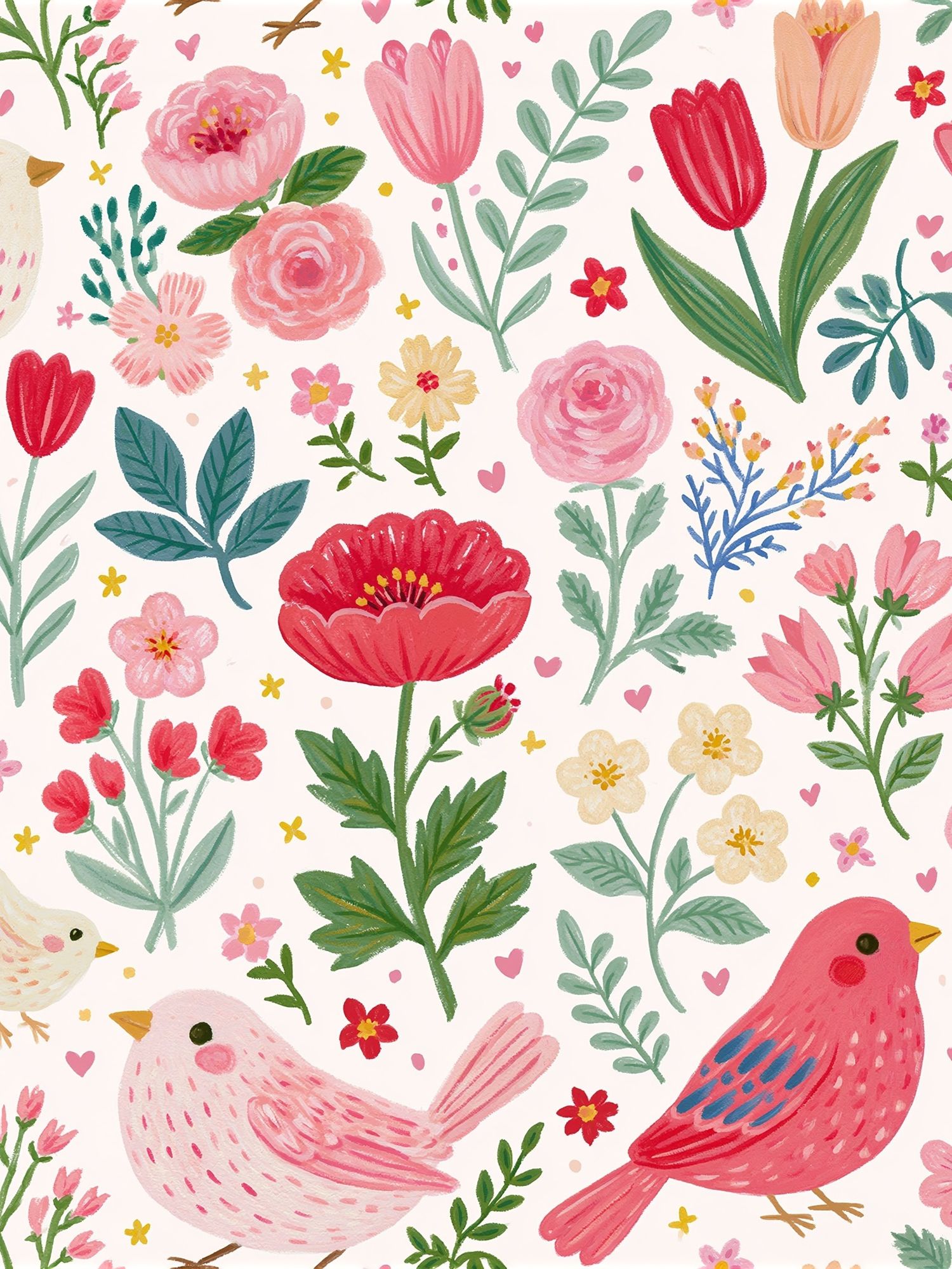 Whimsical Birds and Flowers Print. poster detail