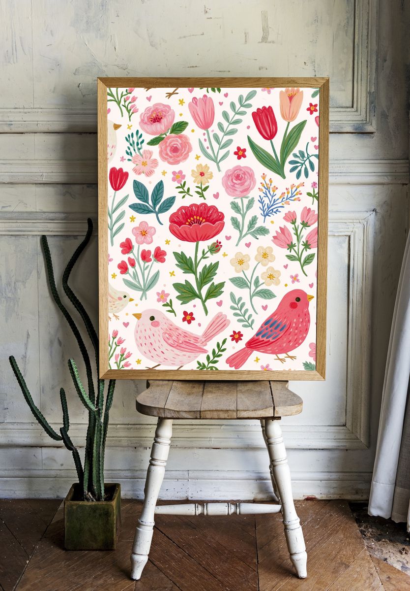 Whimsical Birds and Flowers Print. room preview