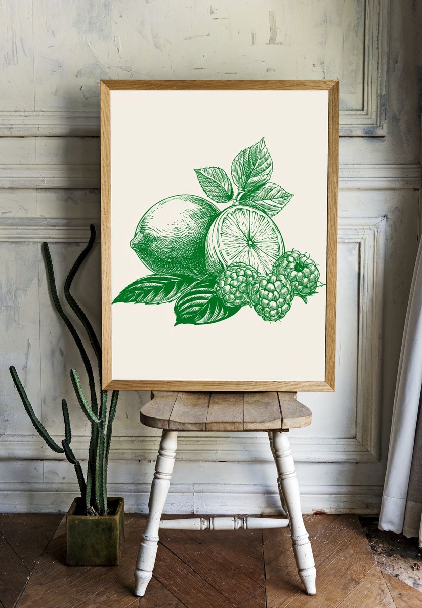 Lemon and Berries Botanical Print. room preview