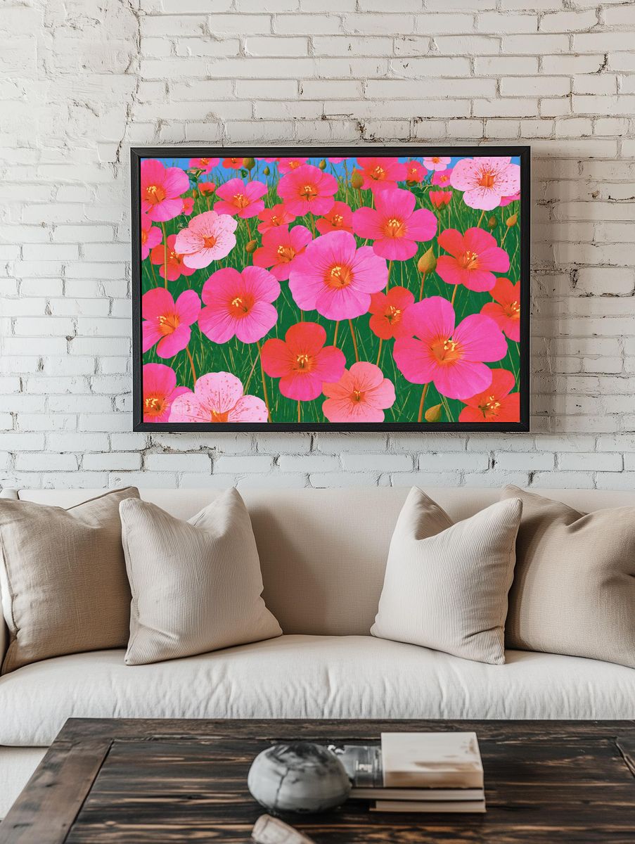 Pink Wildflower Meadow Illustration Poster. — room view 1