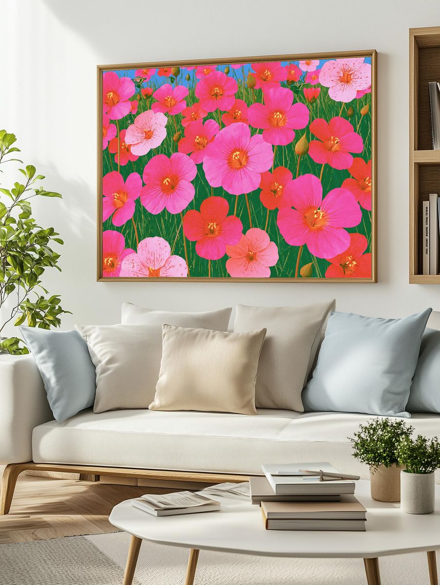 Pink Wildflower Meadow Illustration Poster. — room view 2