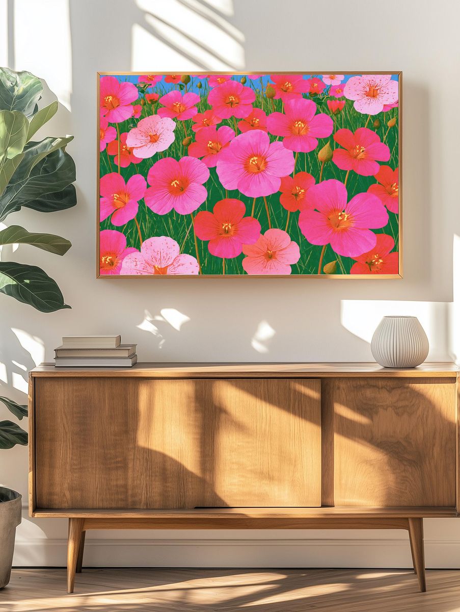 Pink Wildflower Meadow Illustration Poster. — room view 3