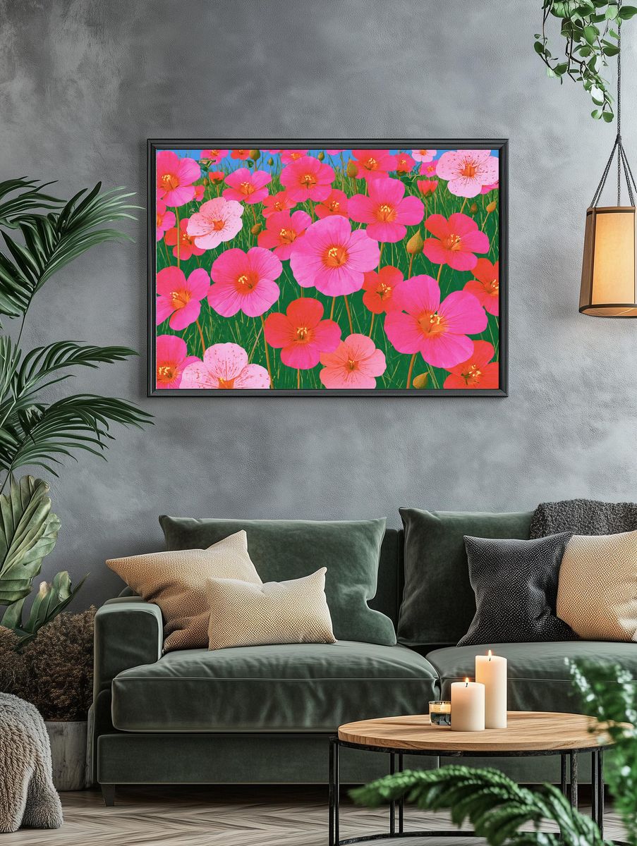 Pink Wildflower Meadow Illustration Poster. — room view 4
