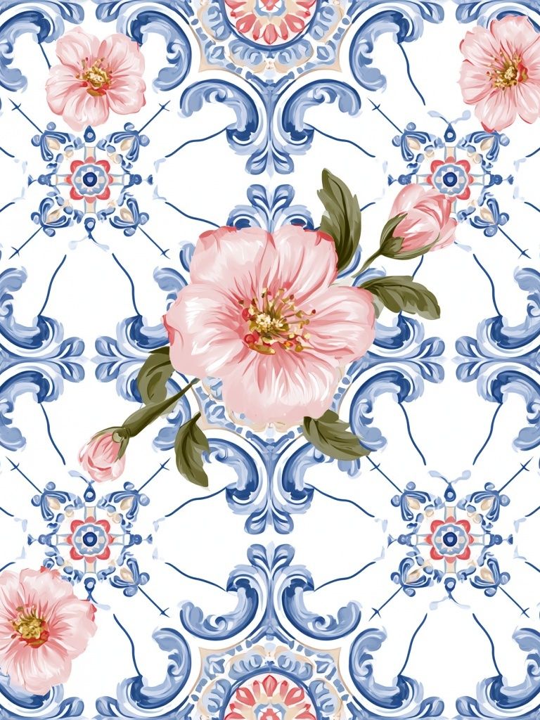 Blue Tile Floral Pattern Print. poster — botanical art