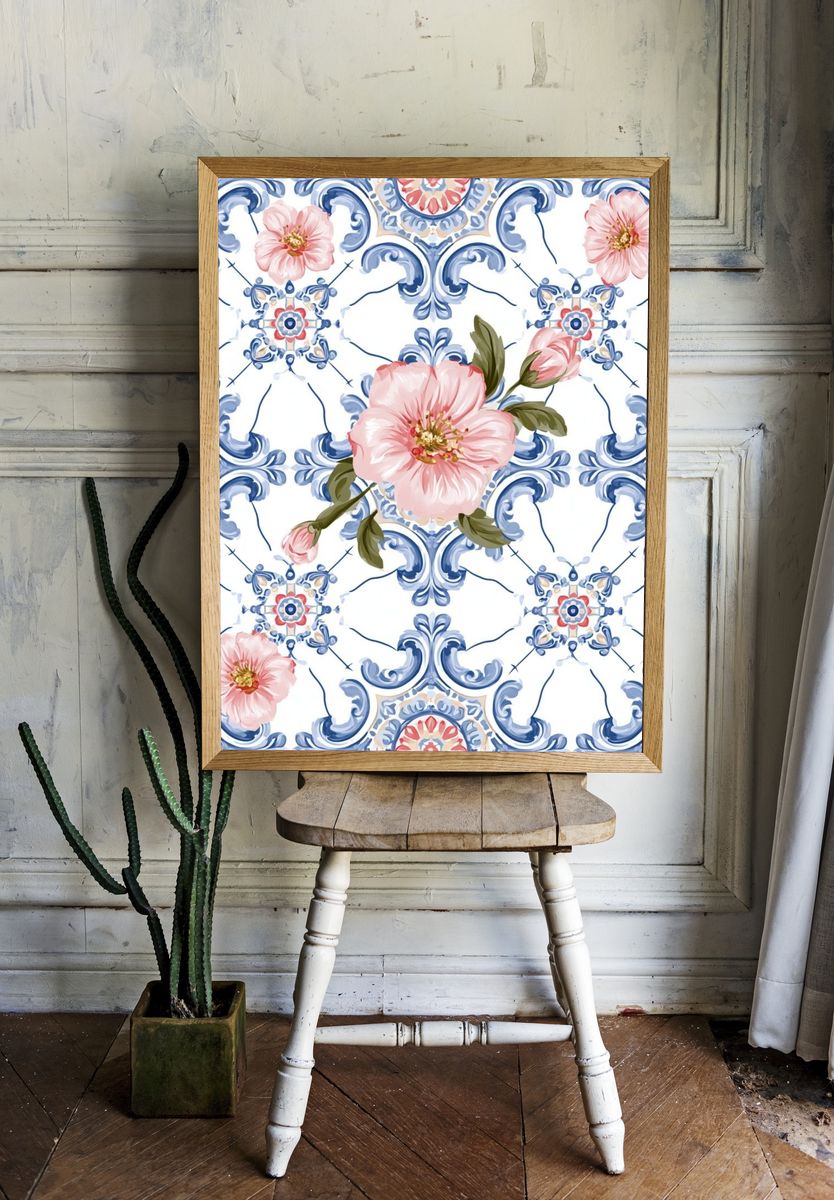 Blue Tile Floral Pattern Print. — room view 1