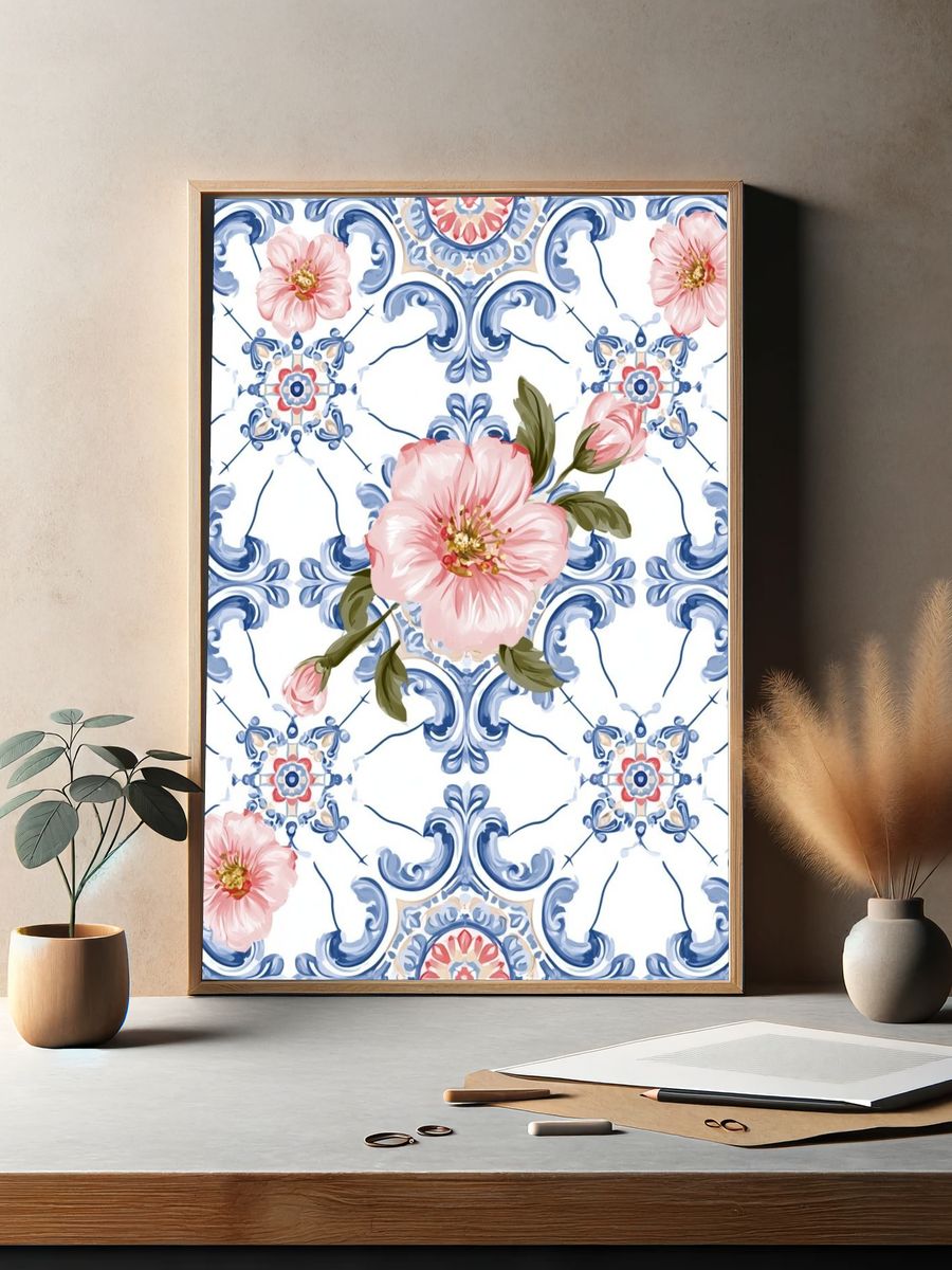 Blue Tile Floral Pattern Print. — room view 2