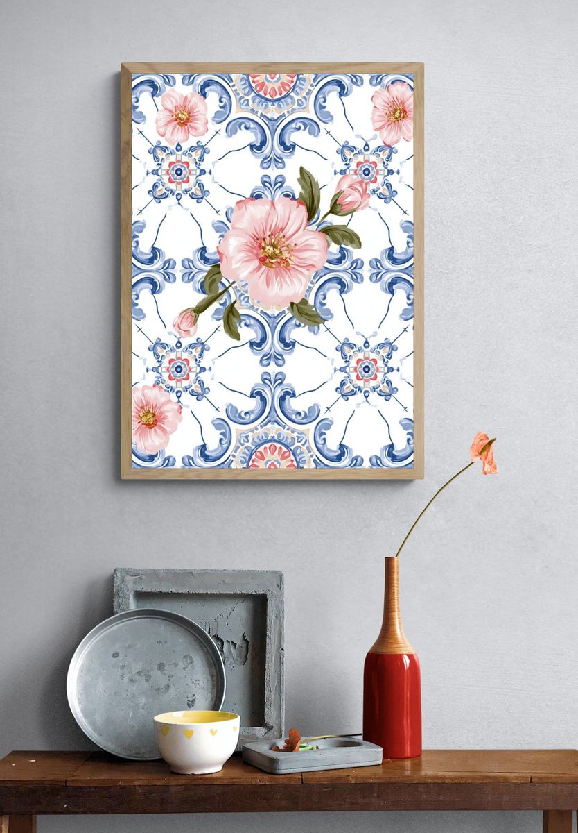 Blue Tile Floral Pattern Print. — room view 3