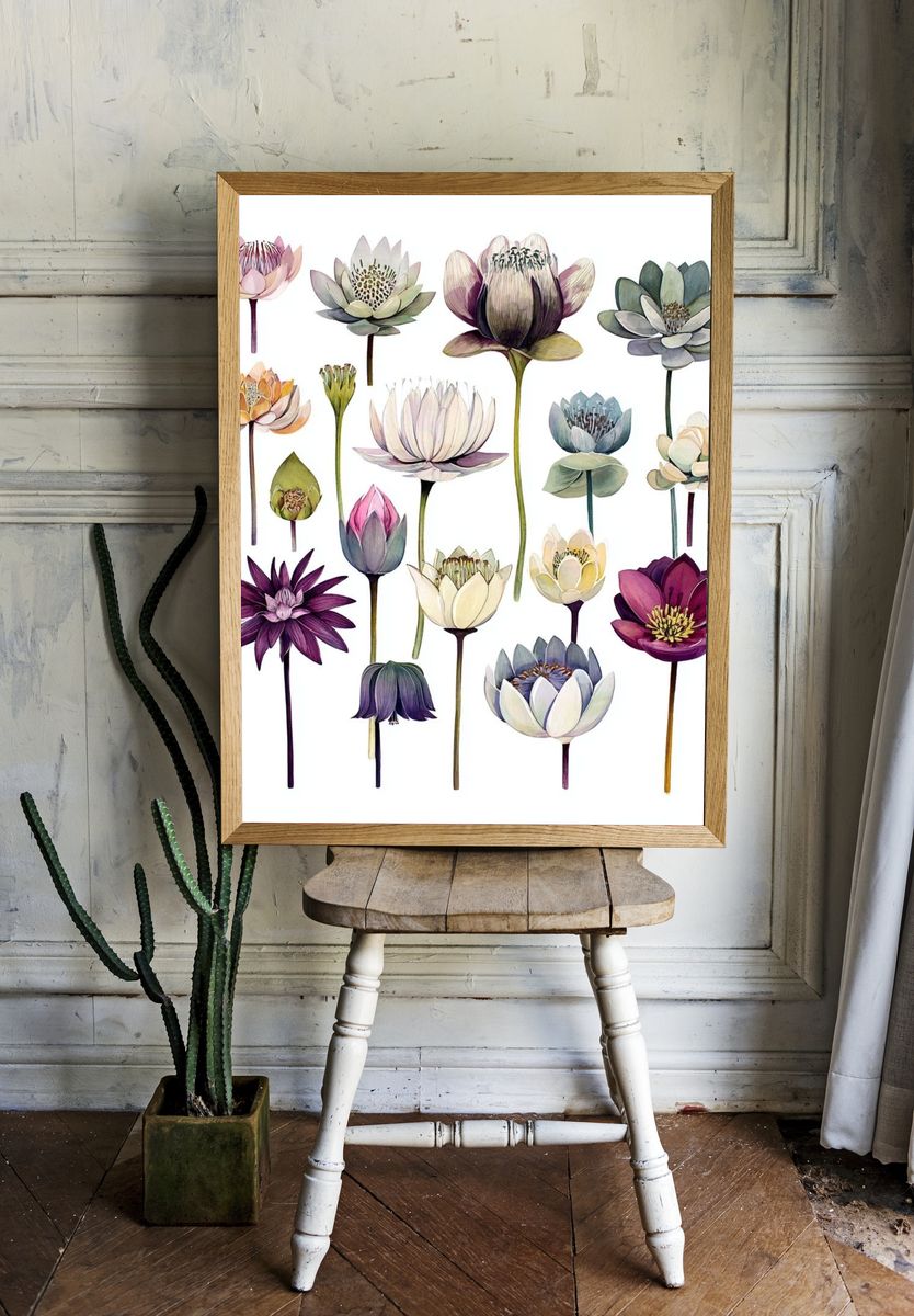 Lotus Blooms Watercolor Print. room preview