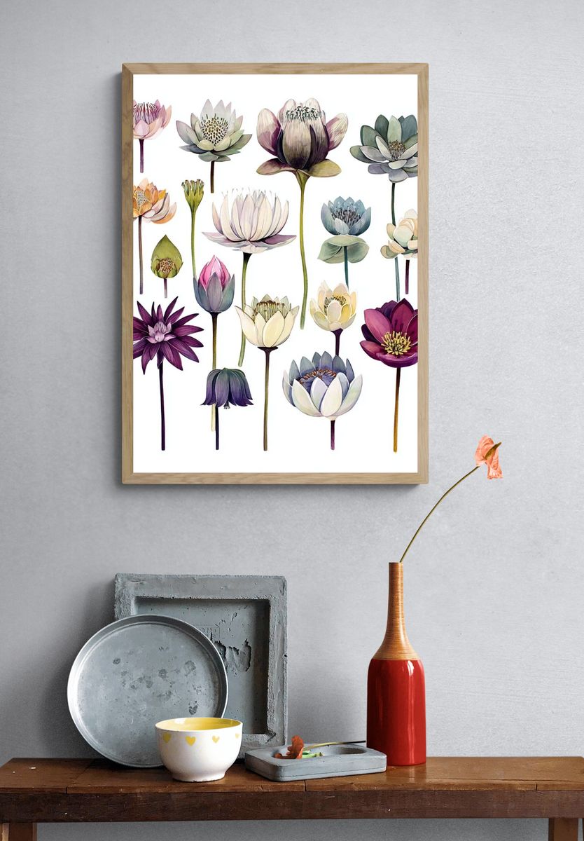 Lotus Blooms Watercolor Print. — room view 3