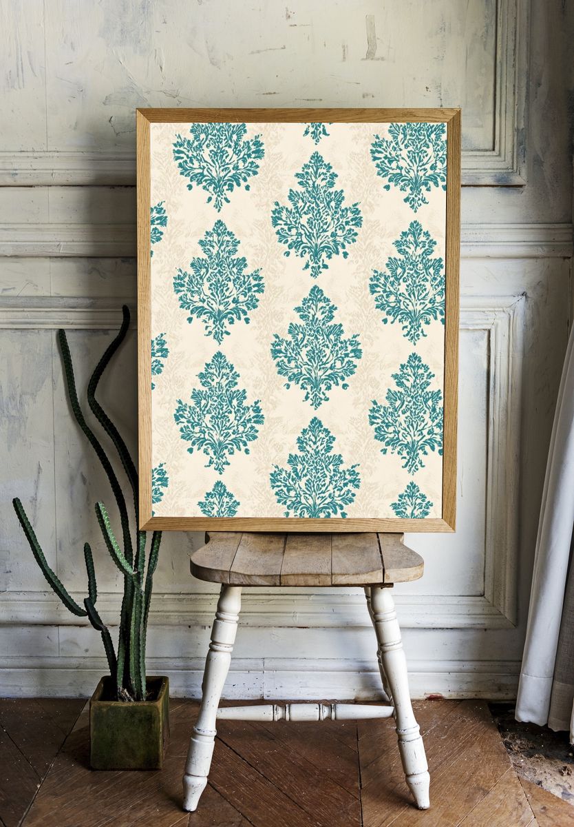 Teal Damask Pattern Print room preview