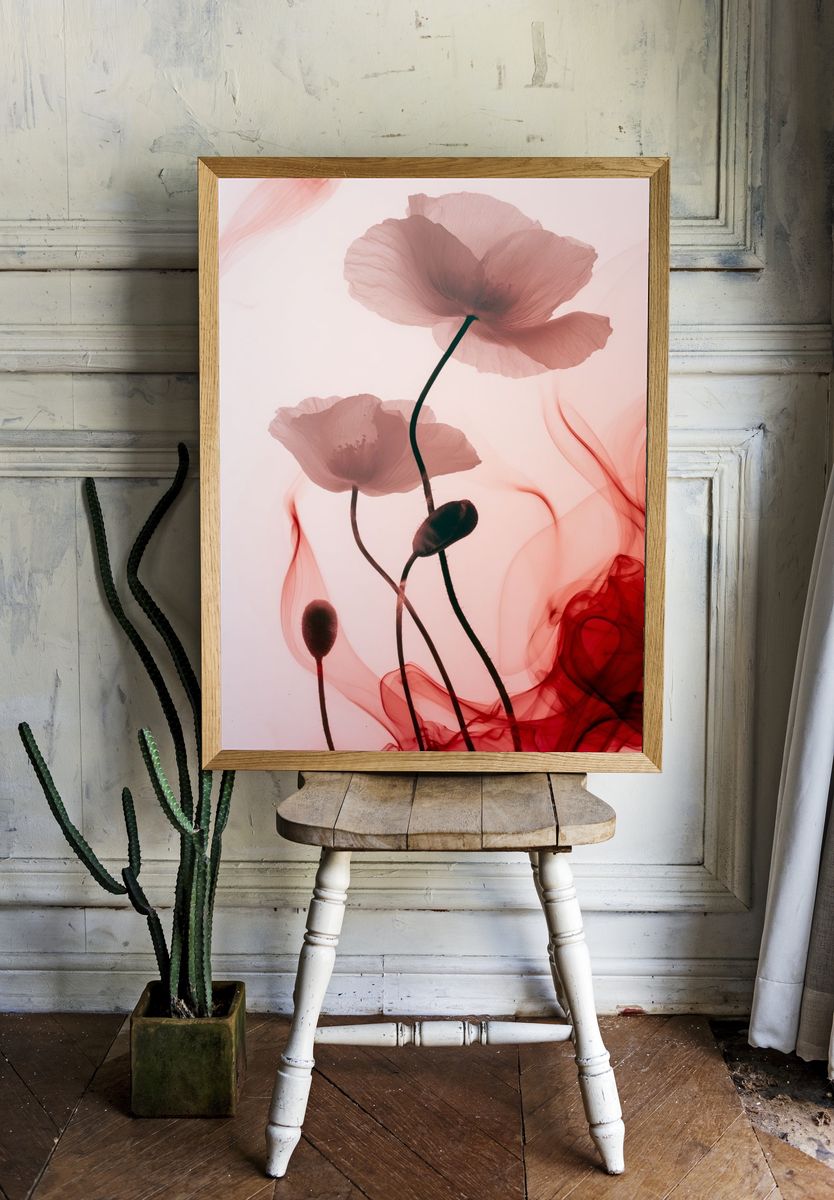 Pink Poppy Smoke Botanical Print room preview