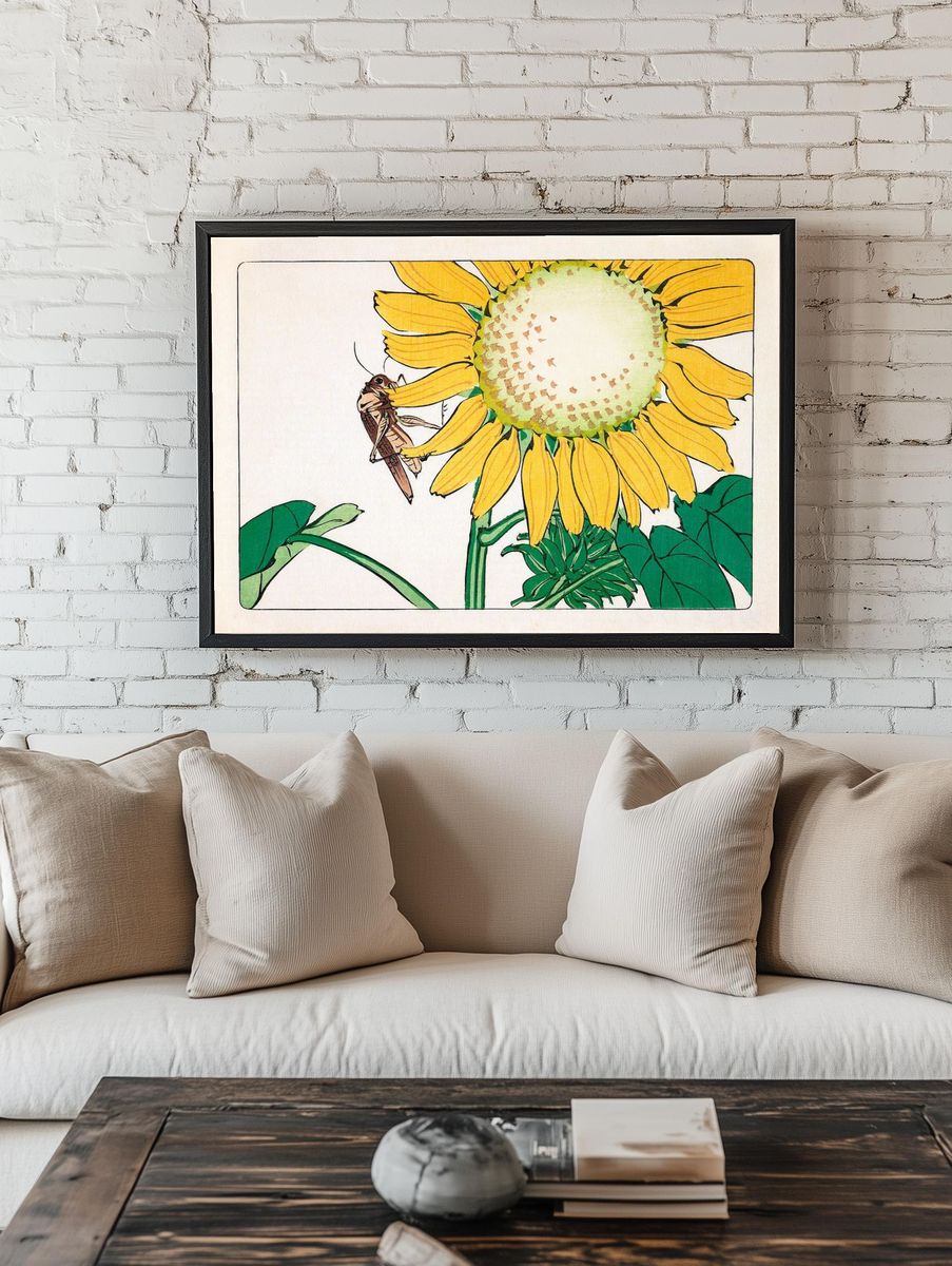 Sunflower and Grasshopper Illustration Poster room preview