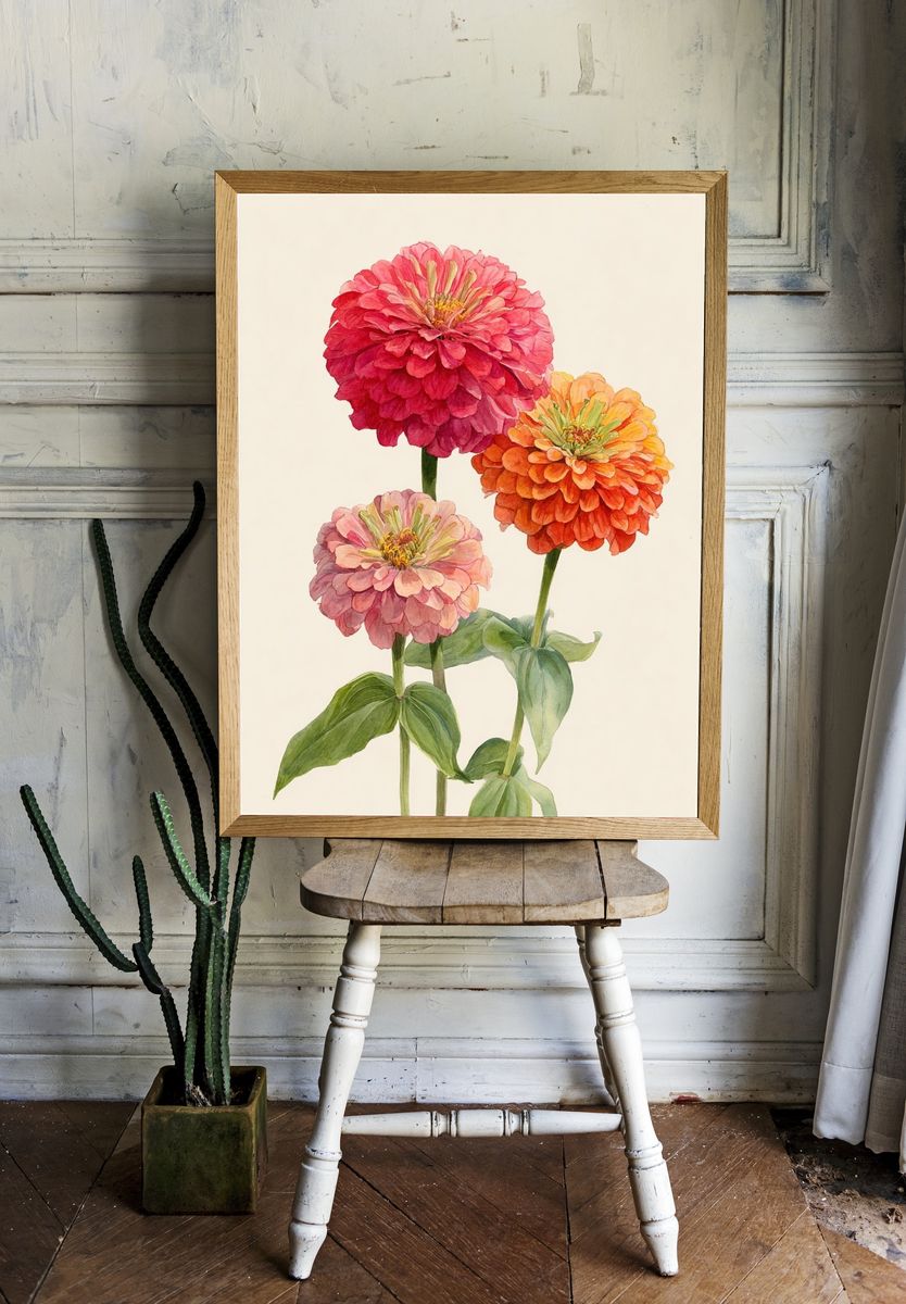 Zinnia Blooms Watercolor Print. — room view 1