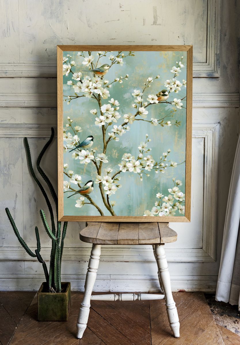 Cherry Blossom Birds Illustration Poster. room preview