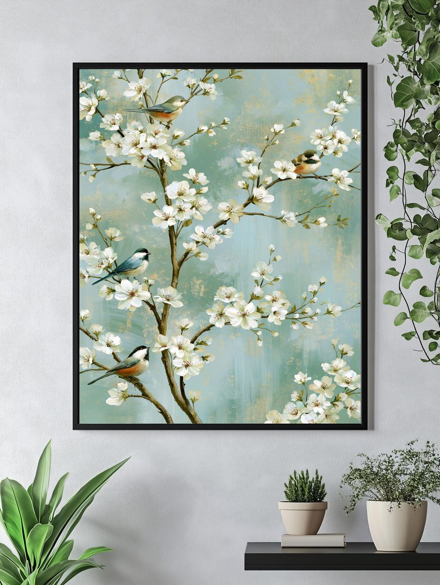 Cherry Blossom Birds Illustration Poster. — room view 4