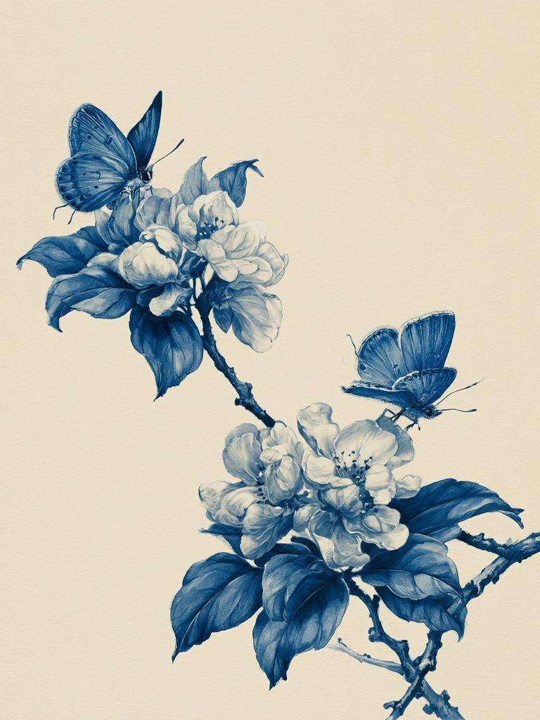 Blue Blossom Butterfly Illustration Poster. poster — botanical art