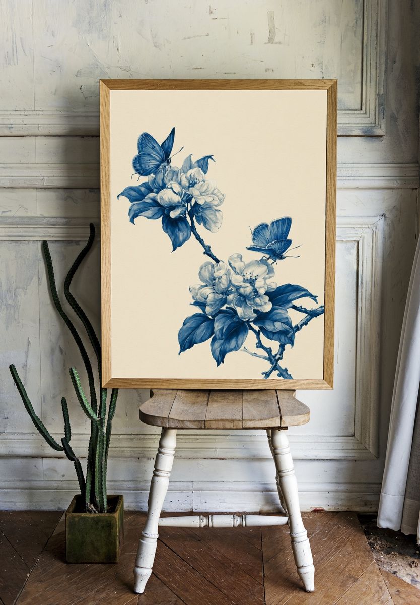 Blue Blossom Butterfly Illustration Poster. — room view 1