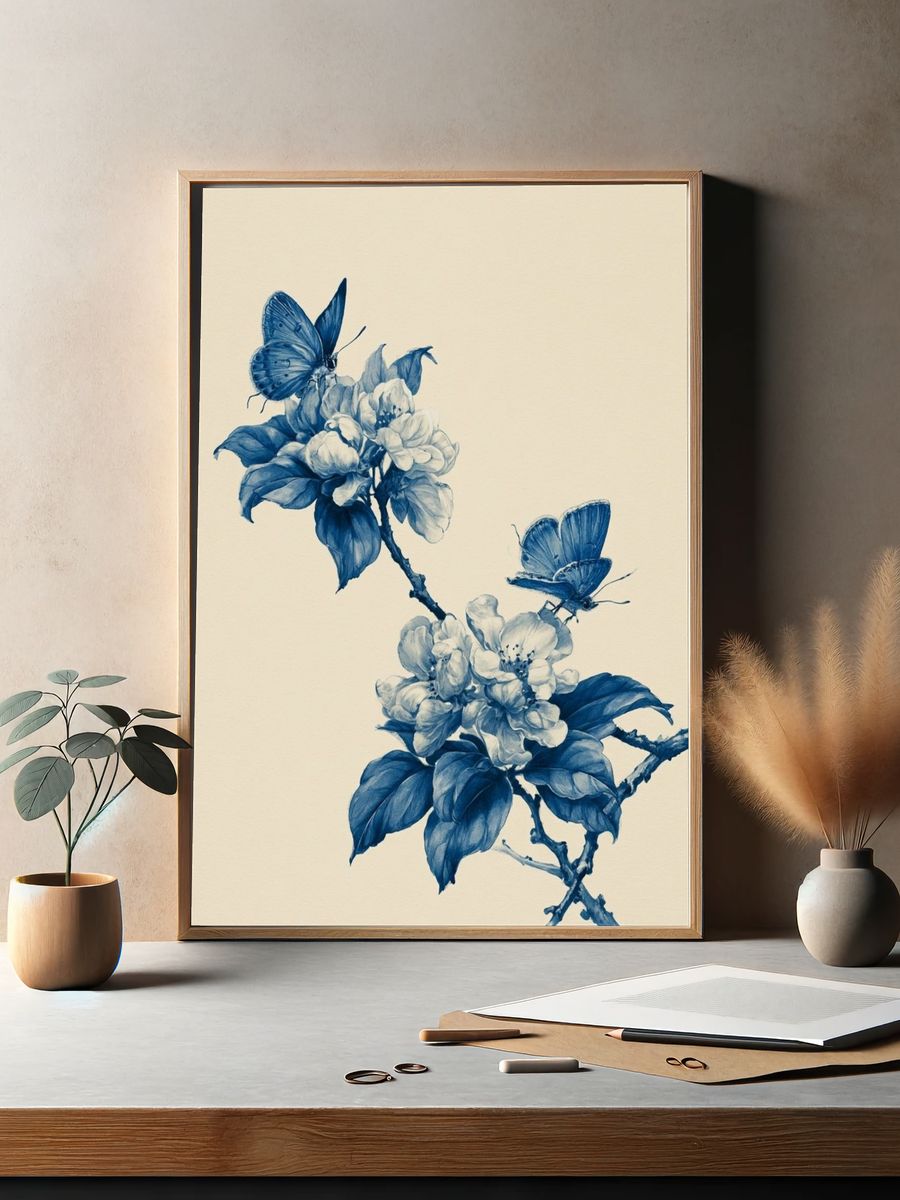 Blue Blossom Butterfly Illustration Poster. — room view 2