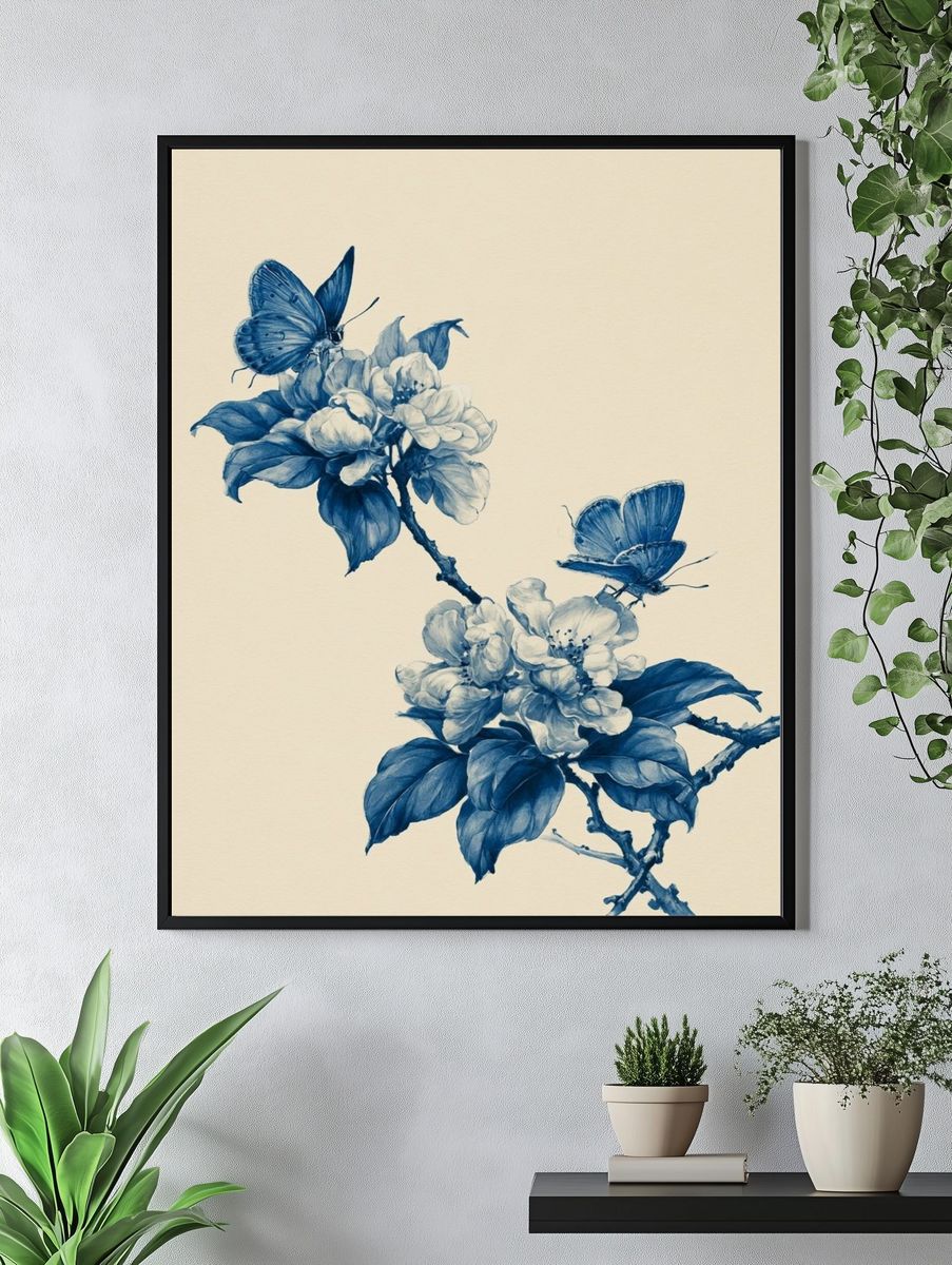 Blue Blossom Butterfly Illustration Poster. — room view 4