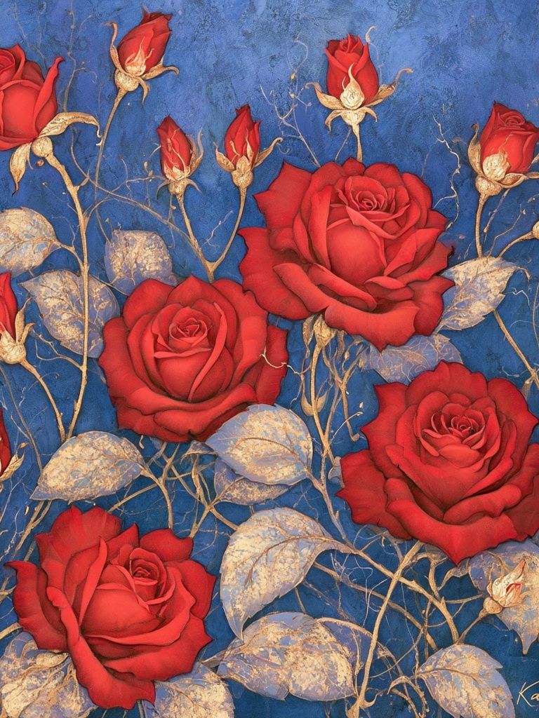 Red Roses on Blue Botanical Print. poster detail