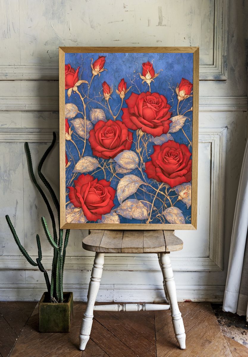 Red Roses on Blue Botanical Print. — room view 1