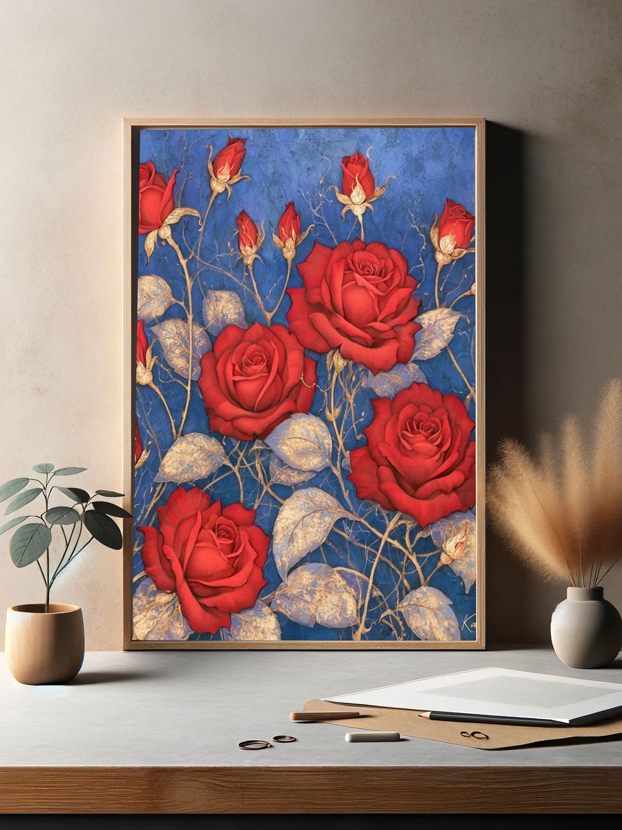 Red Roses on Blue Botanical Print. — room view 2