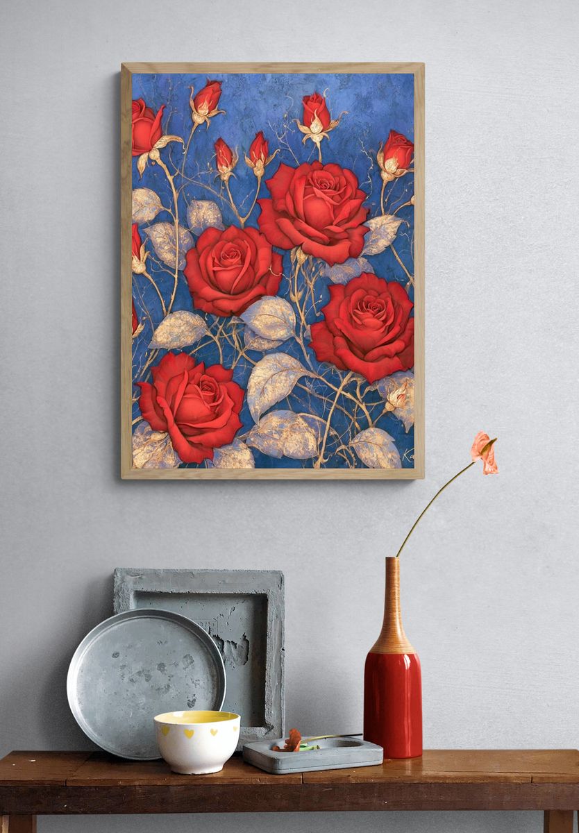 Red Roses on Blue Botanical Print. — room view 3