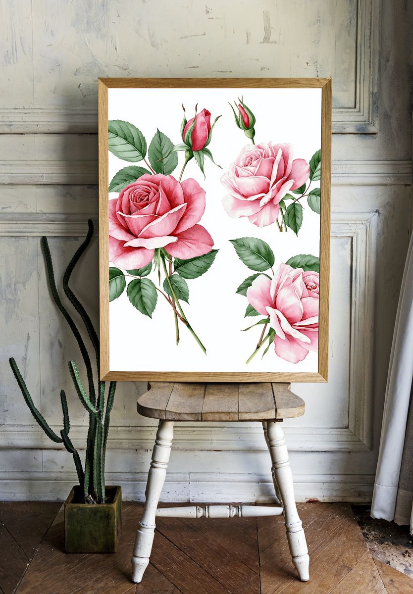 Pink Roses Watercolor Print. — room view 1