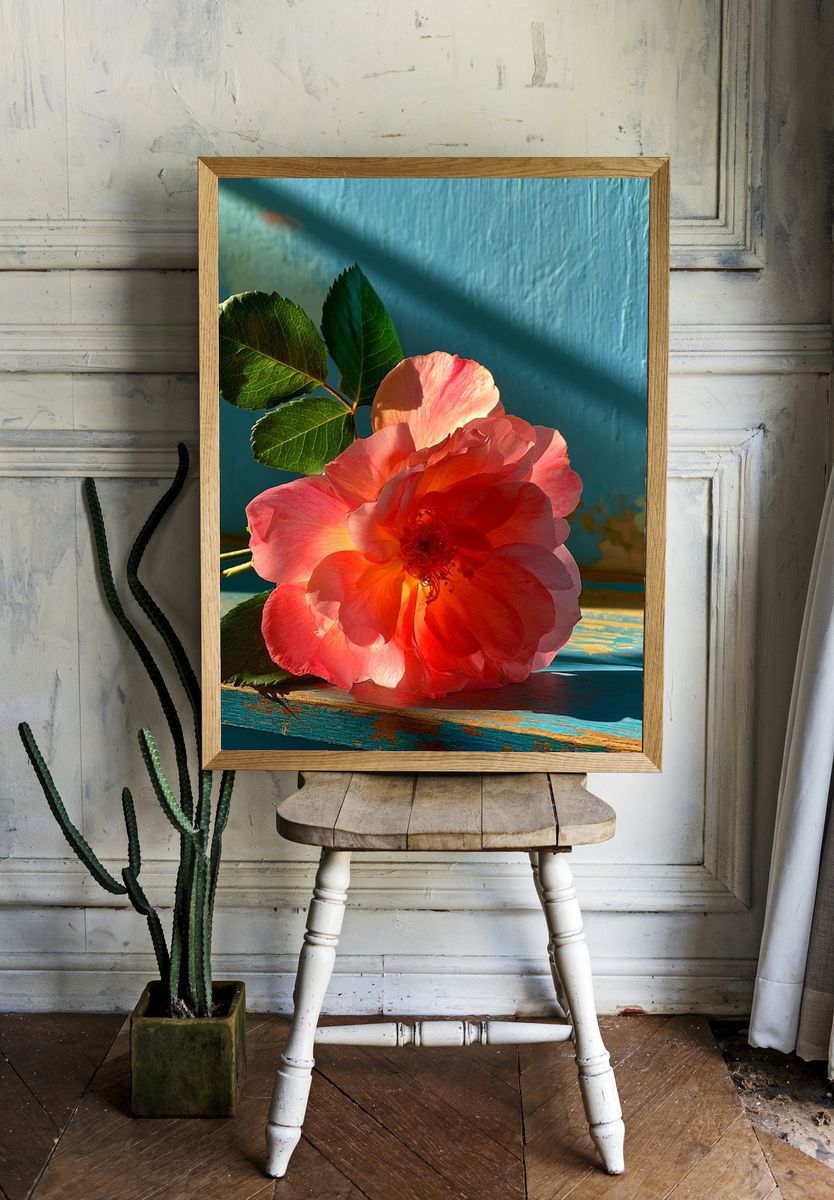 Pink Rose Botanical Print. room preview