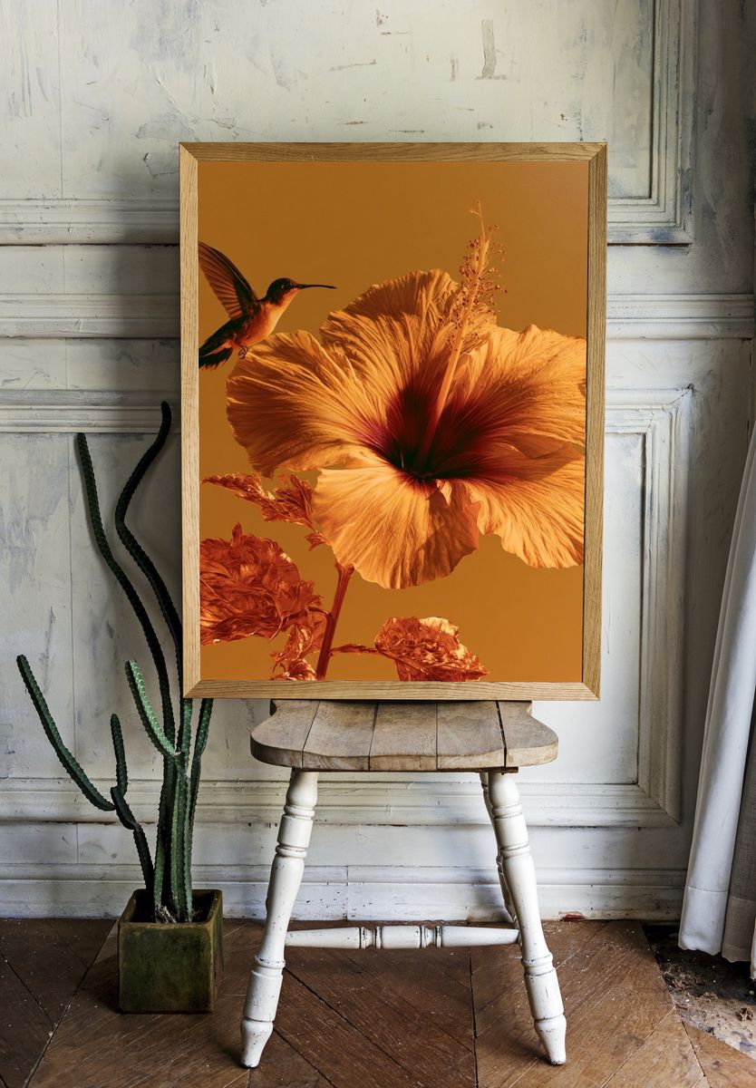 Hummingbird Hibiscus Botanical Print. — room view 1