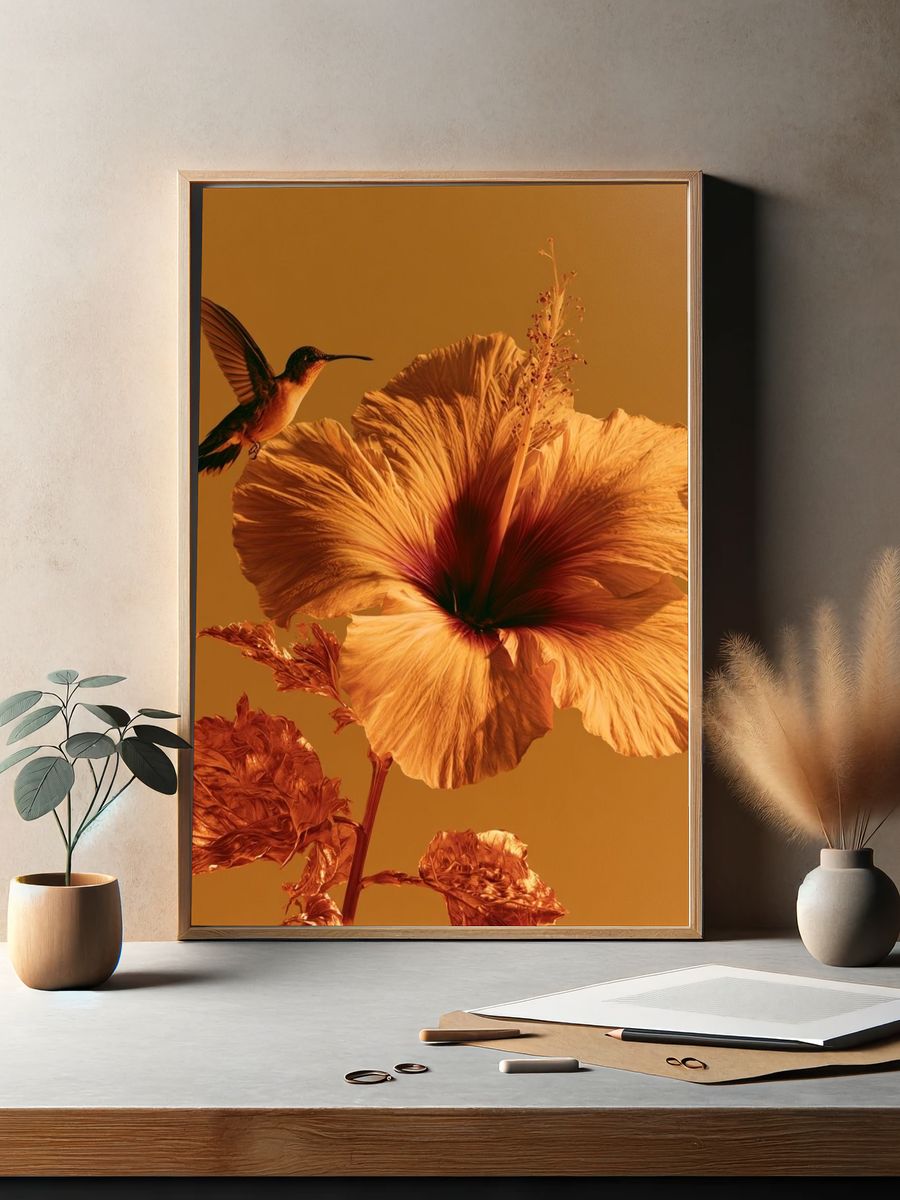 Hummingbird Hibiscus Botanical Print. — room view 2