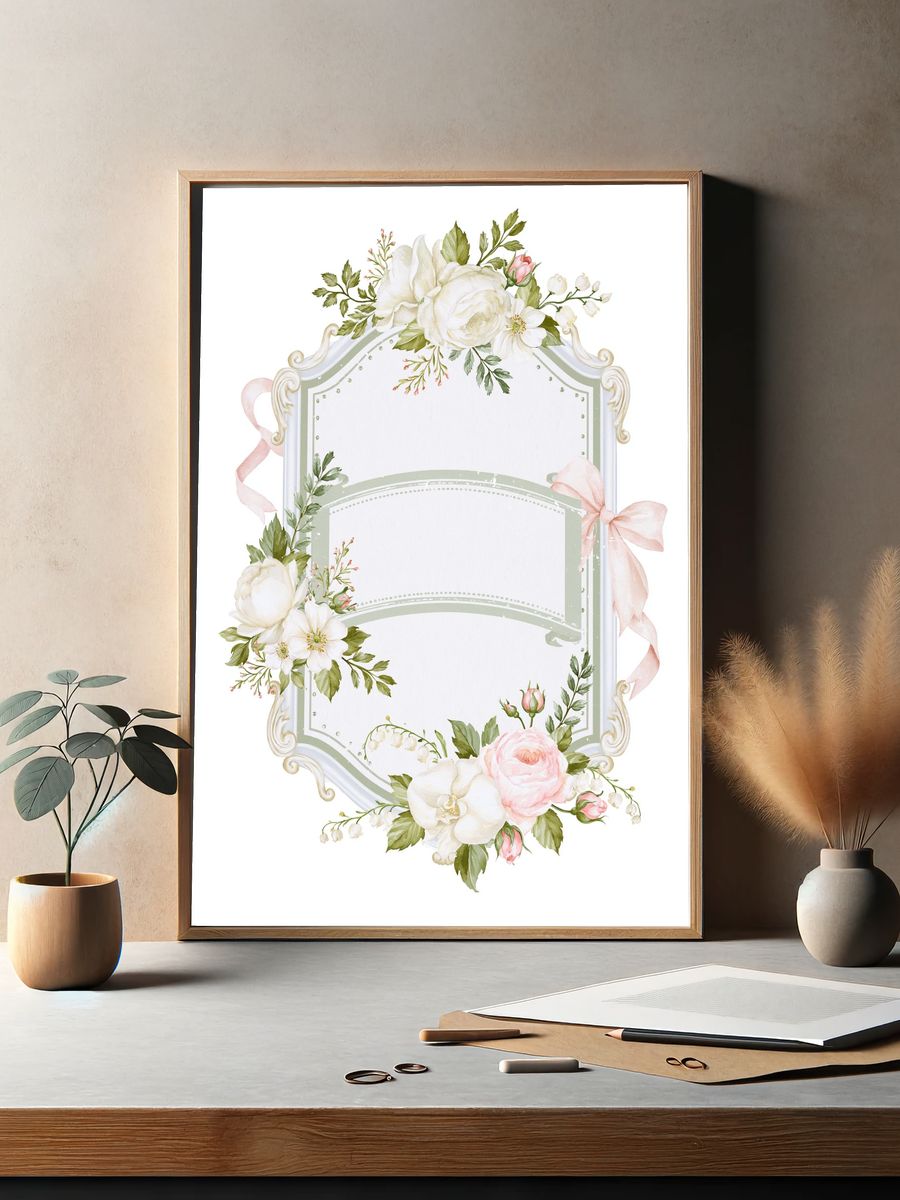 Floral Ribbon Frame Botanical Print. — room view 2
