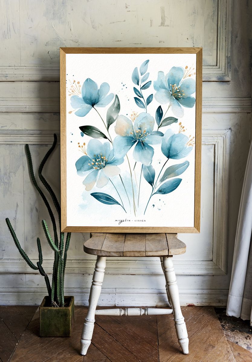Blue Watercolor Flowers Poster. room preview