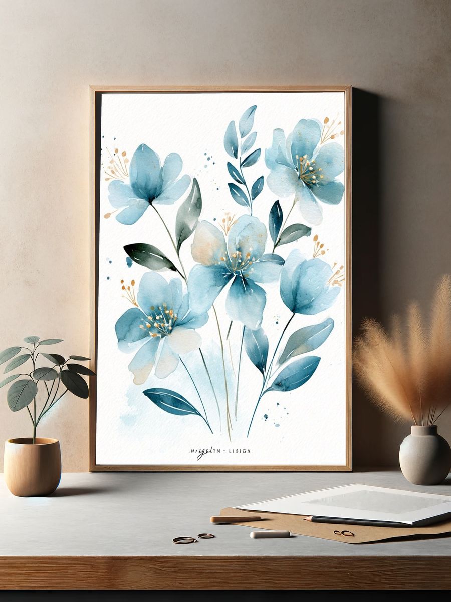 Blue Watercolor Flowers Poster. — room view 2