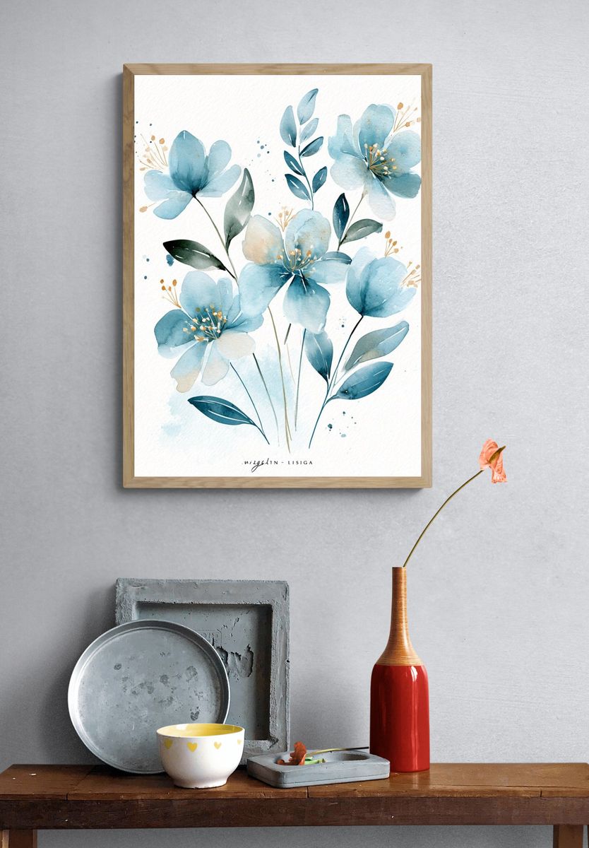 Blue Watercolor Flowers Poster. — room view 3