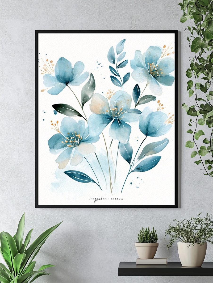 Blue Watercolor Flowers Poster. — room view 4