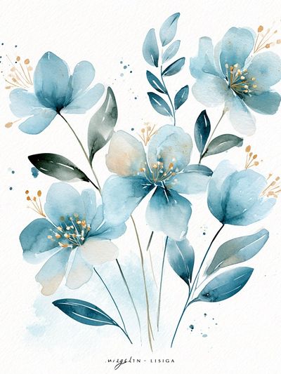 Blue Watercolor Flowers Poster. poster
