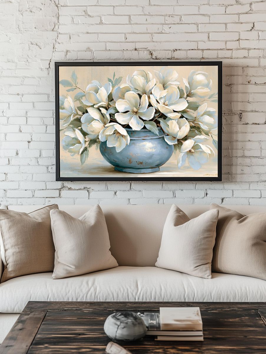 White Magnolia Vase Illustration Poster. room preview