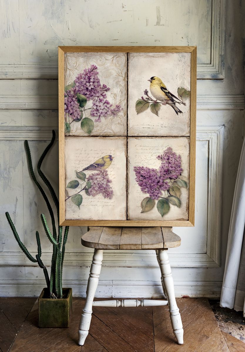 Lilac Birds Botanical Vintage Print. — room view 1
